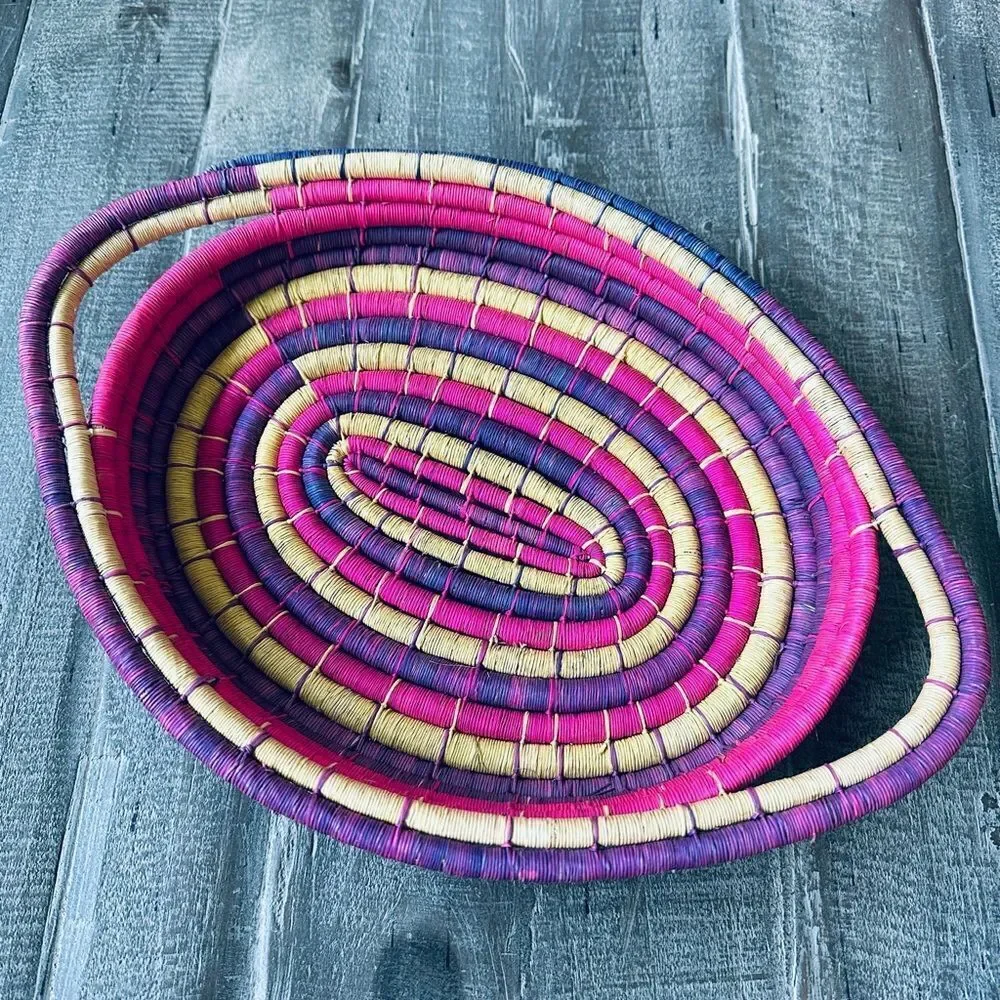 Bohemian Pink Hand Woven Straw Baskets Decor Bundle Lot
